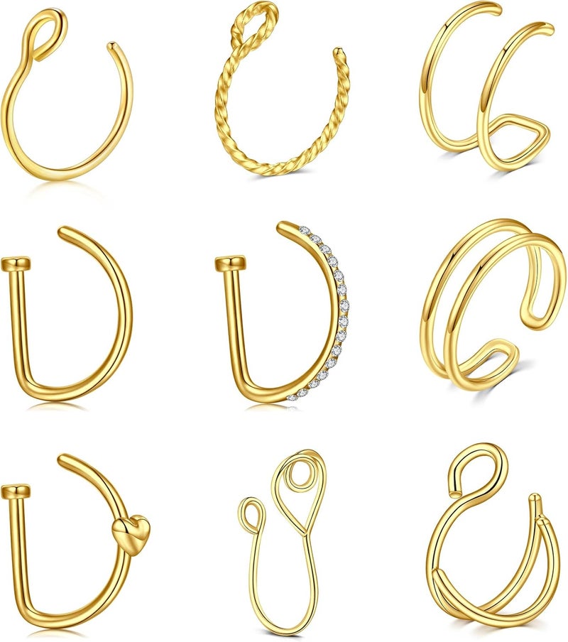 QWALIT خاتم أنف مزيف ذهب خاتم سبتوم مزيف حلقة فضية مزيف ثقب سبتوم مشبك على حلقة شفة ملصق على دبوس أنف غير مثقوب أقراط أذن كوف ذهب كوف شفة غير مثقوب - Image 1